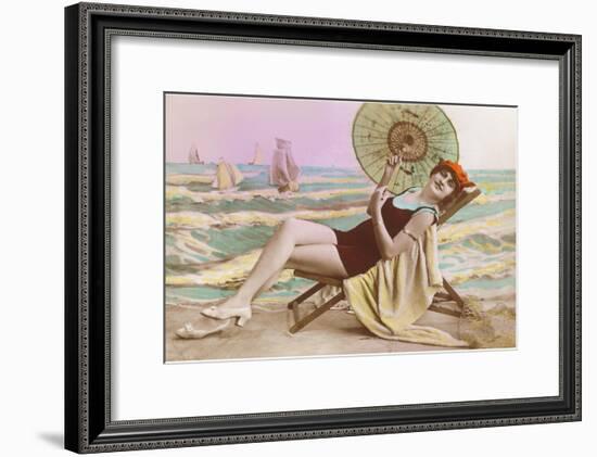 Woman in Beach Chair with Parasol-null-Framed Art Print