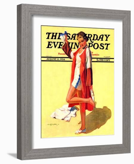 "Woman in Beach Outfit," Saturday Evening Post Cover, August 11, 1934-Charles A. MacLellan-Framed Giclee Print