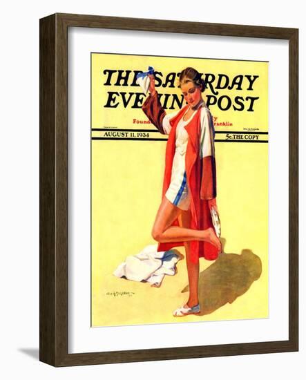 "Woman in Beach Outfit," Saturday Evening Post Cover, August 11, 1934-Charles A. MacLellan-Framed Giclee Print
