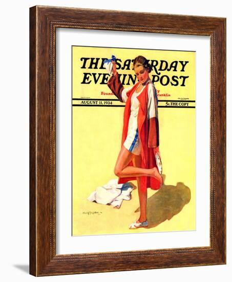 "Woman in Beach Outfit," Saturday Evening Post Cover, August 11, 1934-Charles A. MacLellan-Framed Giclee Print