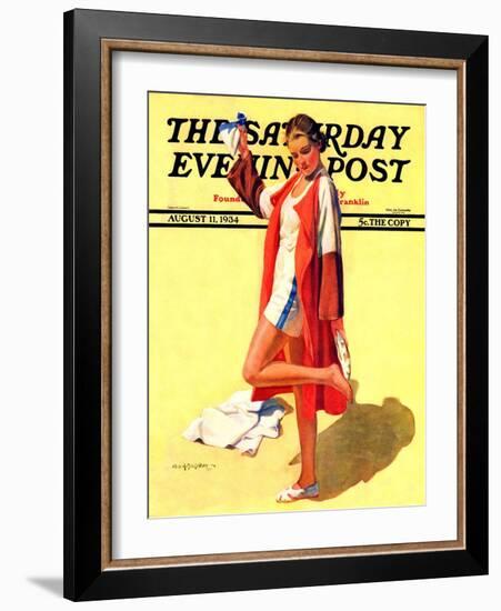 "Woman in Beach Outfit," Saturday Evening Post Cover, August 11, 1934-Charles A. MacLellan-Framed Giclee Print