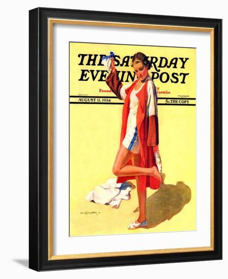 "Woman in Beach Outfit," Saturday Evening Post Cover, August 11, 1934-Charles A. MacLellan-Framed Giclee Print