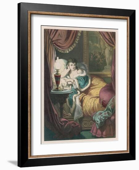 Woman in Bed Alone with a Book-D. Eusebio Planas-Framed Art Print