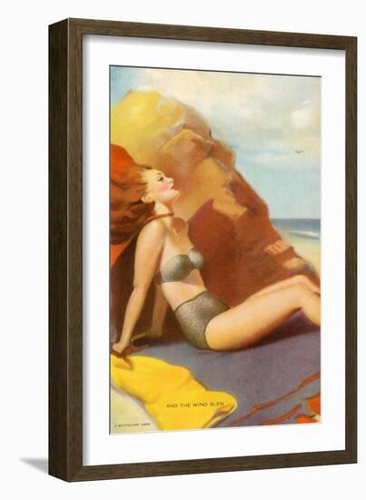 Woman in Bikini Sitting on Windy Beach-null-Framed Giclee Print