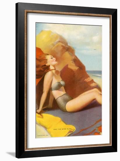 Woman in Bikini Sitting on Windy Beach-null-Framed Giclee Print