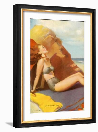 Woman in Bikini Sitting on Windy Beach-null-Framed Giclee Print