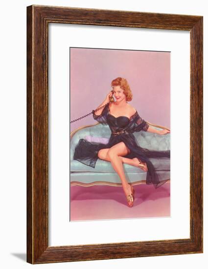 Woman in Black Lingerie on Telephone-null-Framed Art Print