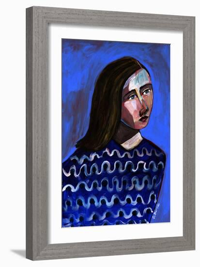 Woman in Blue Sweater Naive Portrait Figurative-Sharyn Bursic-Framed Giclee Print