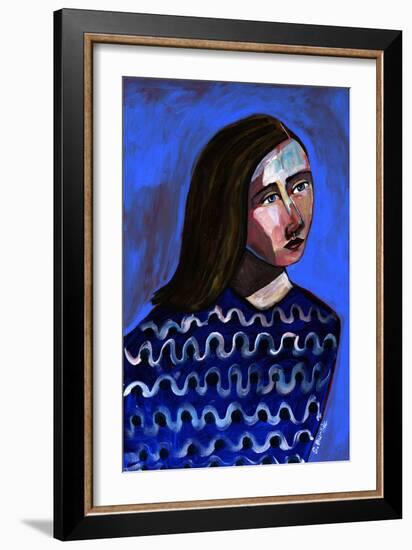 Woman in Blue Sweater Naive Portrait Figurative-Sharyn Bursic-Framed Giclee Print