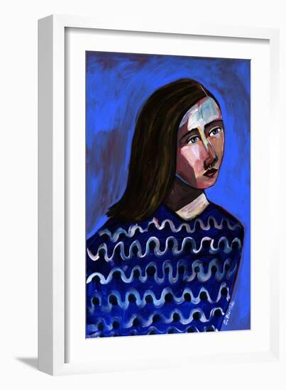 Woman in Blue Sweater Naive Portrait Figurative-Sharyn Bursic-Framed Giclee Print