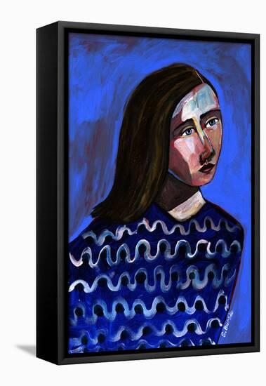 Woman in Blue Sweater Naive Portrait Figurative-Sharyn Bursic-Framed Premier Image Canvas