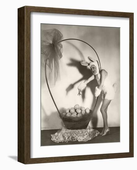 Woman in Bunny Costume with Large Basket of Easter Eggs-null-Framed Photo