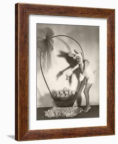 Woman in Bunny Costume with Large Basket of Easter Eggs-null-Framed Photo