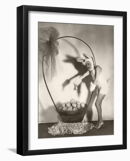 Woman in Bunny Costume with Large Basket of Easter Eggs-null-Framed Photo