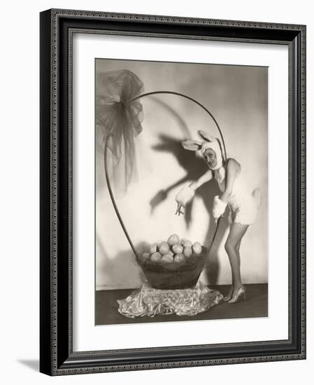 Woman in Bunny Costume with Large Basket of Easter Eggs-null-Framed Photo