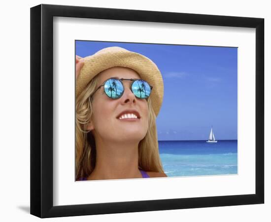 Woman in Caribbean with Palm Trees Reflected in Sunglasses-Bill Bachmann-Framed Photographic Print