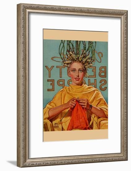 Woman In Curlers Knits-null-Framed Art Print