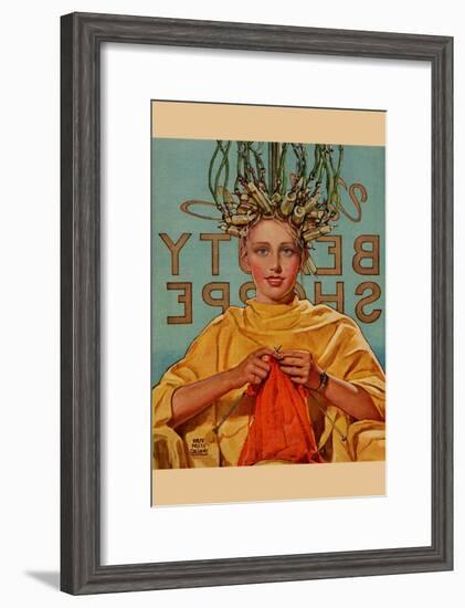 Woman In Curlers Knits-null-Framed Art Print