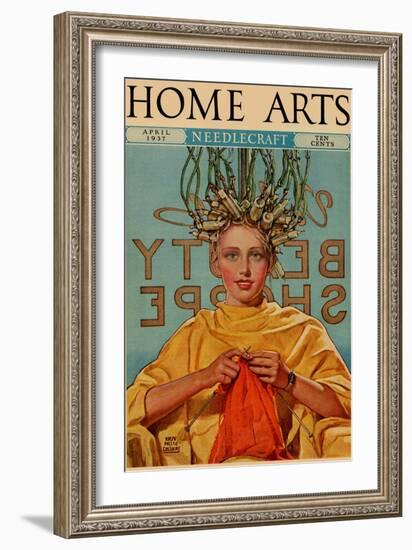 Woman In Curlers Knits-null-Framed Art Print