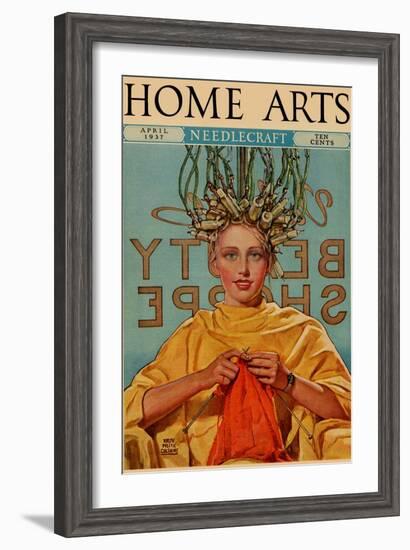 Woman In Curlers Knits-null-Framed Art Print