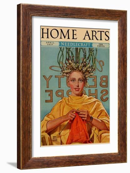 Woman In Curlers Knits-null-Framed Art Print