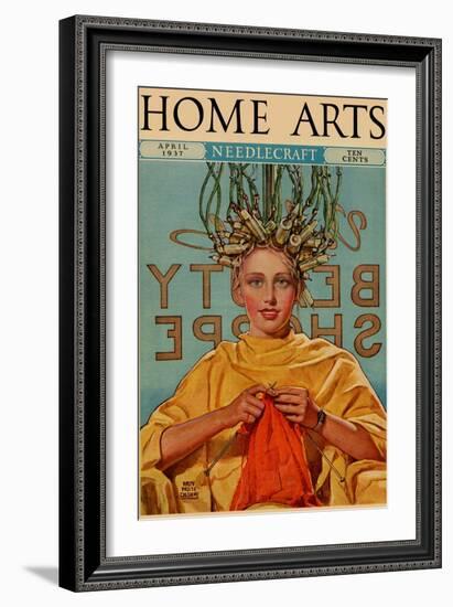 Woman In Curlers Knits-null-Framed Art Print