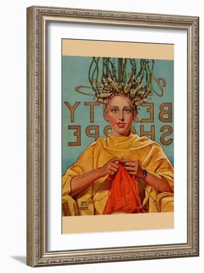 Woman In Curlers Knits-null-Framed Art Print