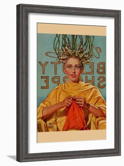 Woman In Curlers Knits-null-Framed Art Print