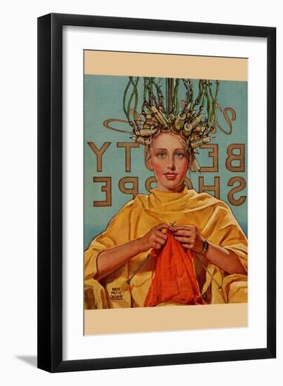 Woman In Curlers Knits-null-Framed Art Print