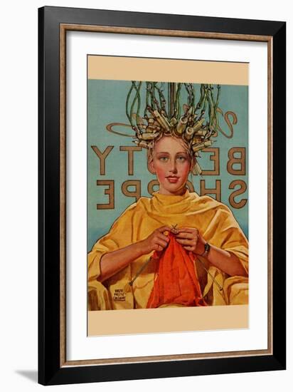 Woman In Curlers Knits-null-Framed Art Print