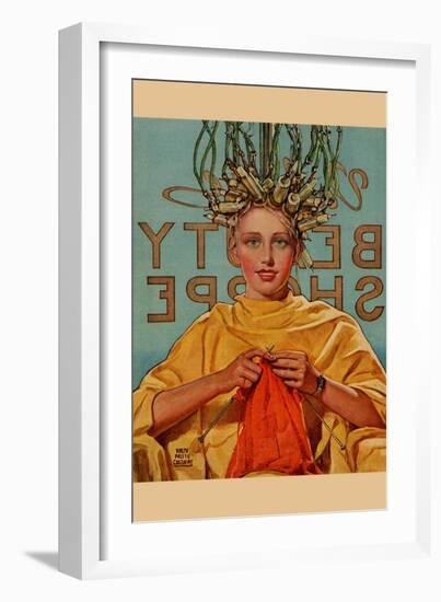 Woman In Curlers Knits-null-Framed Art Print