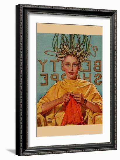 Woman In Curlers Knits-null-Framed Art Print