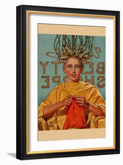 Woman In Curlers Knits-null-Framed Art Print