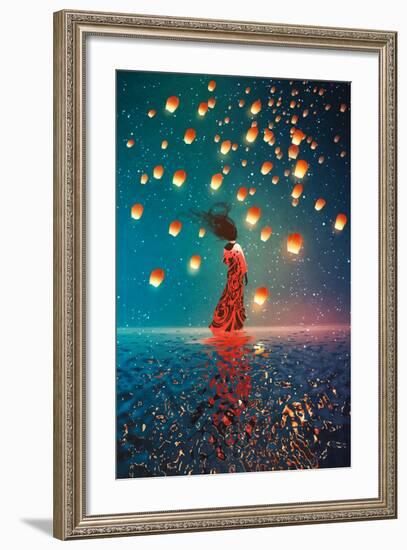 Woman in Dress Standing on Water against Lanterns Floating in a Night Sky,Illustration Painting-Tithi Luadthong-Framed Art Print