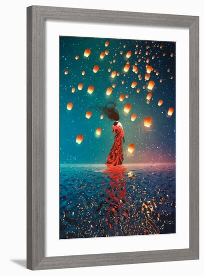 Woman in Dress Standing on Water against Lanterns Floating in a Night Sky,Illustration Painting-Tithi Luadthong-Framed Art Print