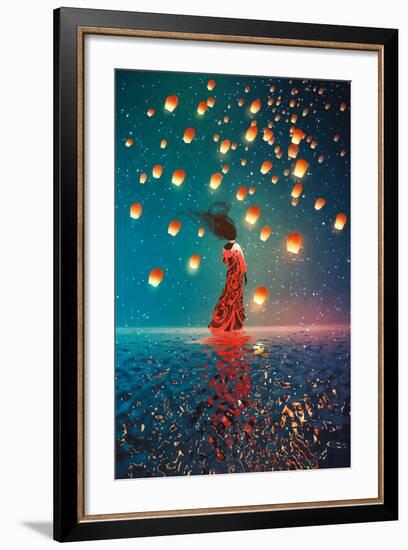 Woman in Dress Standing on Water against Lanterns Floating in a Night Sky,Illustration Painting-Tithi Luadthong-Framed Art Print