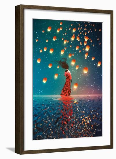 Woman in Dress Standing on Water against Lanterns Floating in a Night Sky,Illustration Painting-Tithi Luadthong-Framed Art Print