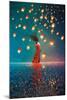 Woman in Dress Standing on Water against Lanterns Floating in a Night Sky,Illustration Painting-Tithi Luadthong-Mounted Art Print