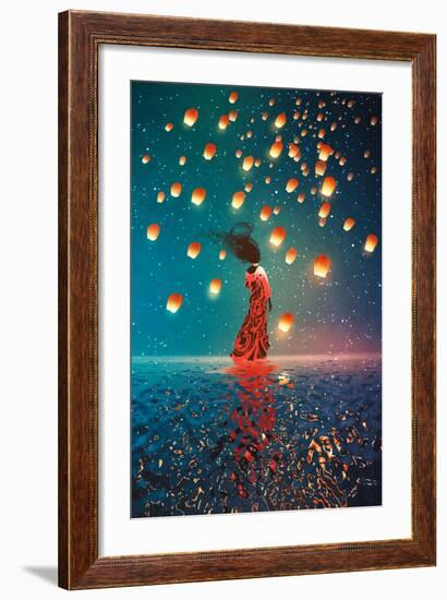 Woman in Dress Standing on Water against Lanterns Floating in a Night Sky,Illustration Painting-Tithi Luadthong-Framed Art Print