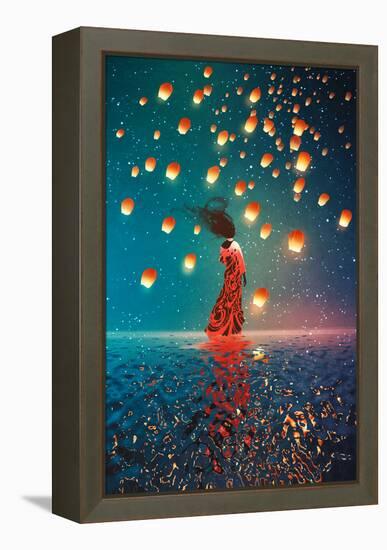 Woman in Dress Standing on Water against Lanterns Floating in a Night Sky,Illustration Painting-Tithi Luadthong-Framed Stretched Canvas