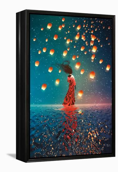 Woman in Dress Standing on Water against Lanterns Floating in a Night Sky,Illustration Painting-Tithi Luadthong-Framed Stretched Canvas