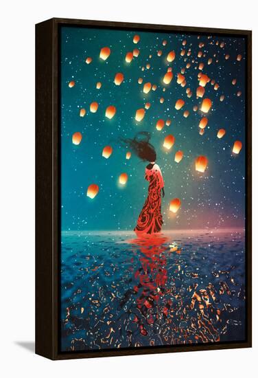 Woman in Dress Standing on Water against Lanterns Floating in a Night Sky,Illustration Painting-Tithi Luadthong-Framed Stretched Canvas
