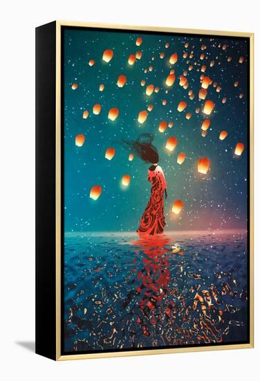 Woman in Dress Standing on Water against Lanterns Floating in a Night Sky,Illustration Painting-Tithi Luadthong-Framed Stretched Canvas