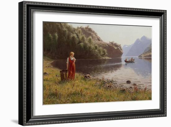 Woman in Fjord Landscape-Hans Andreas Dahl-Framed Giclee Print