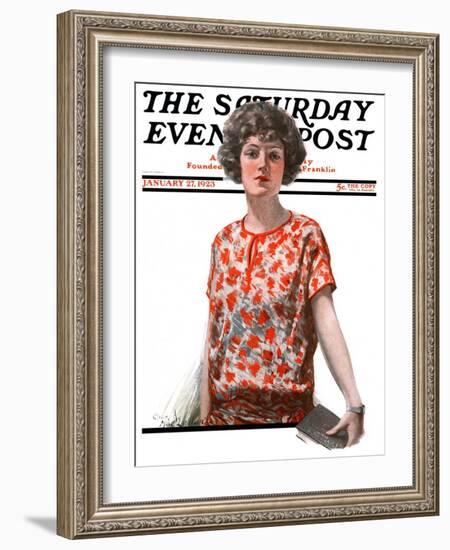 "Woman in Floral Print," Saturday Evening Post Cover, January 27, 1923-Charles A. MacLellan-Framed Giclee Print