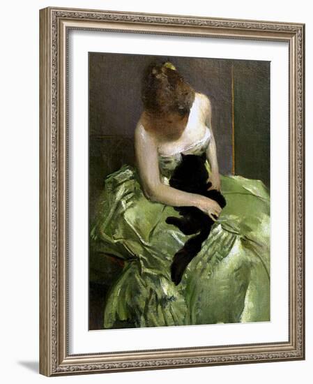 Woman in Green Dress with Black Cat-John White Alexander-Framed Giclee Print