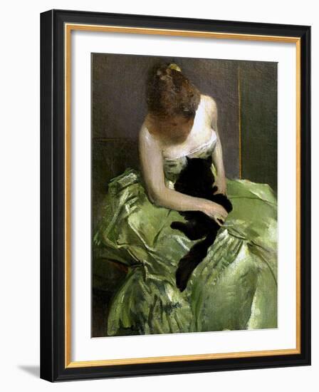 Woman in Green Dress with Black Cat-John White Alexander-Framed Giclee Print