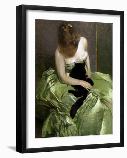 Woman in Green Dress with Black Cat-John White Alexander-Framed Giclee Print