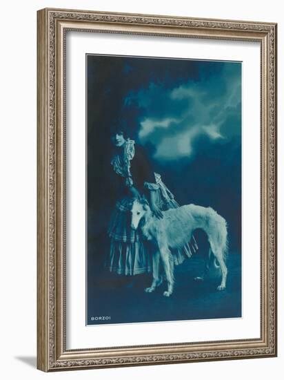 Woman in Gypsy Outfit with Borzoi-null-Framed Art Print