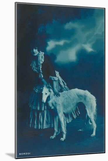 Woman in Gypsy Outfit with Borzoi-null-Mounted Art Print